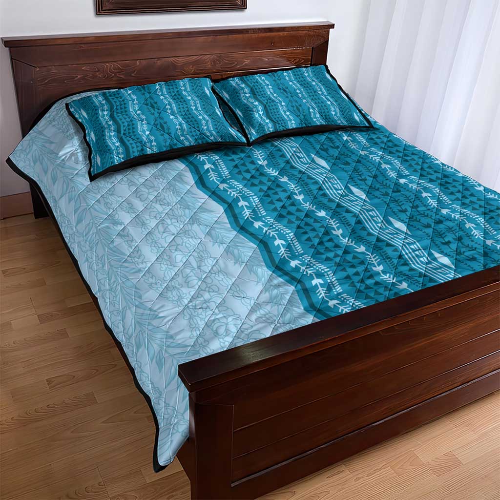 Vintage Cobalt Blue Hawaiian Traditional Kapa Mix Flowers Lei Quilt Bed Set LT7 - Polynesian Pride