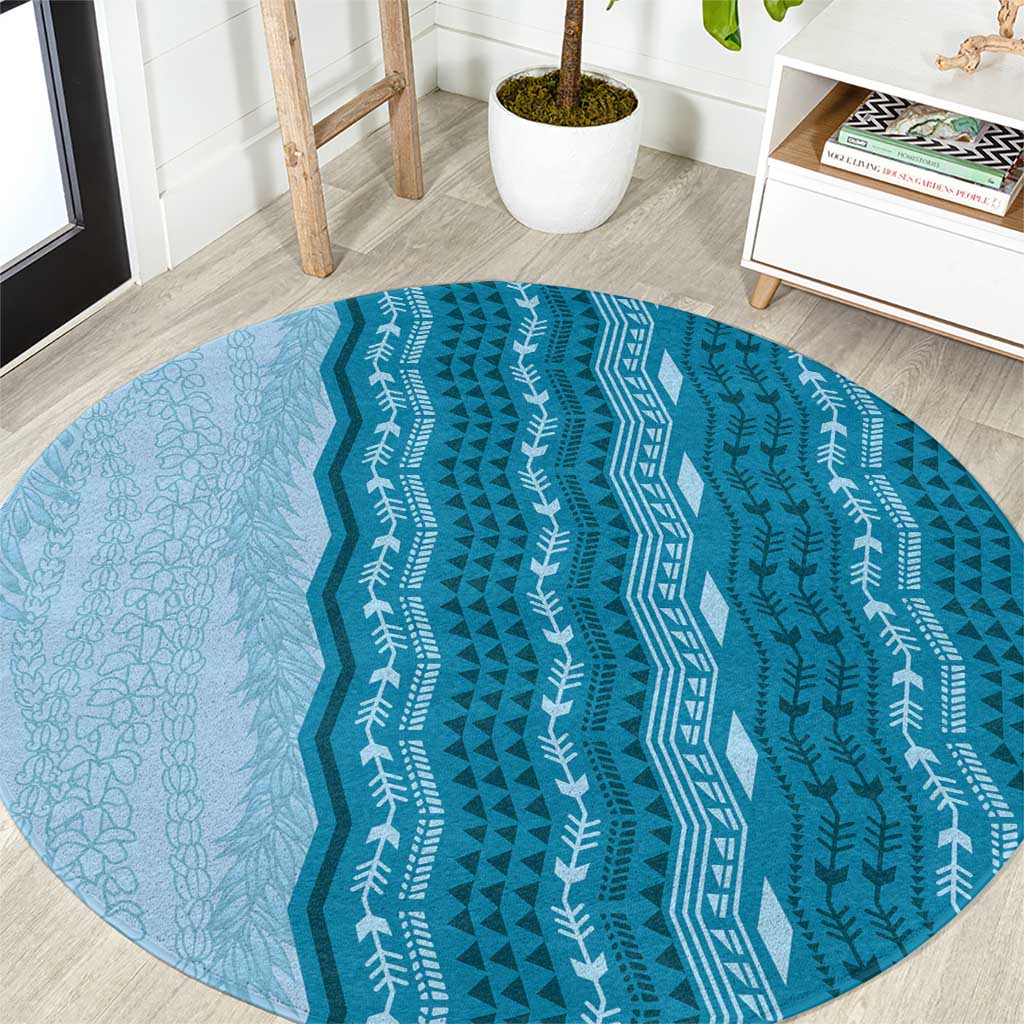 Vintage Cobalt Blue Hawaiian Traditional Kapa Mix Flowers Lei Round Carpet LT7 Cobalt Blue - Polynesian Pride