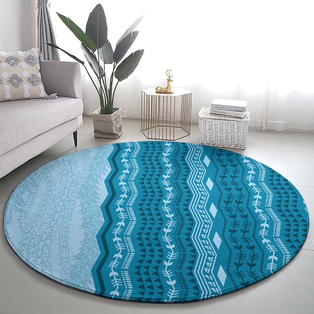 Vintage Cobalt Blue Hawaiian Traditional Kapa Mix Flowers Lei Round Carpet LT7 - Polynesian Pride