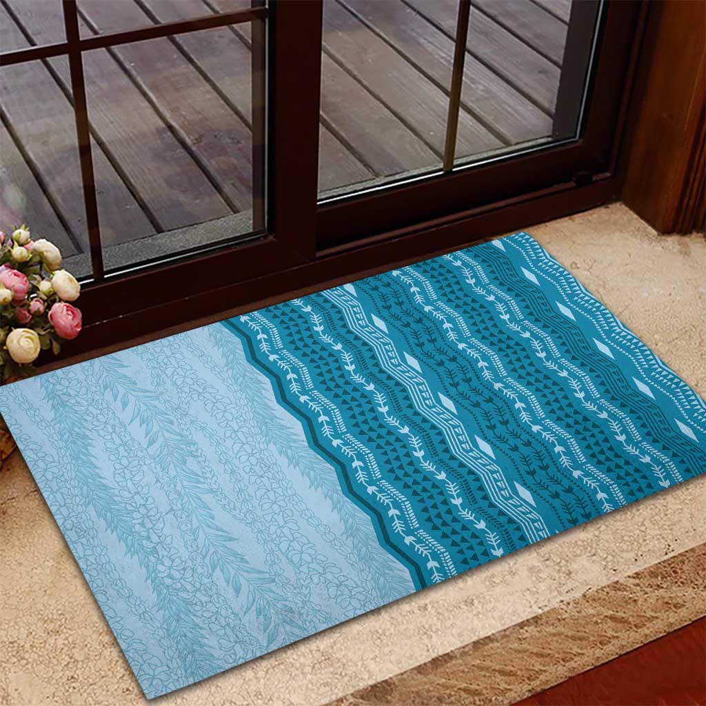 Vintage Cobalt Blue Hawaiian Traditional Kapa Mix Flowers Lei Rubber Doormat LT7 - Polynesian Pride