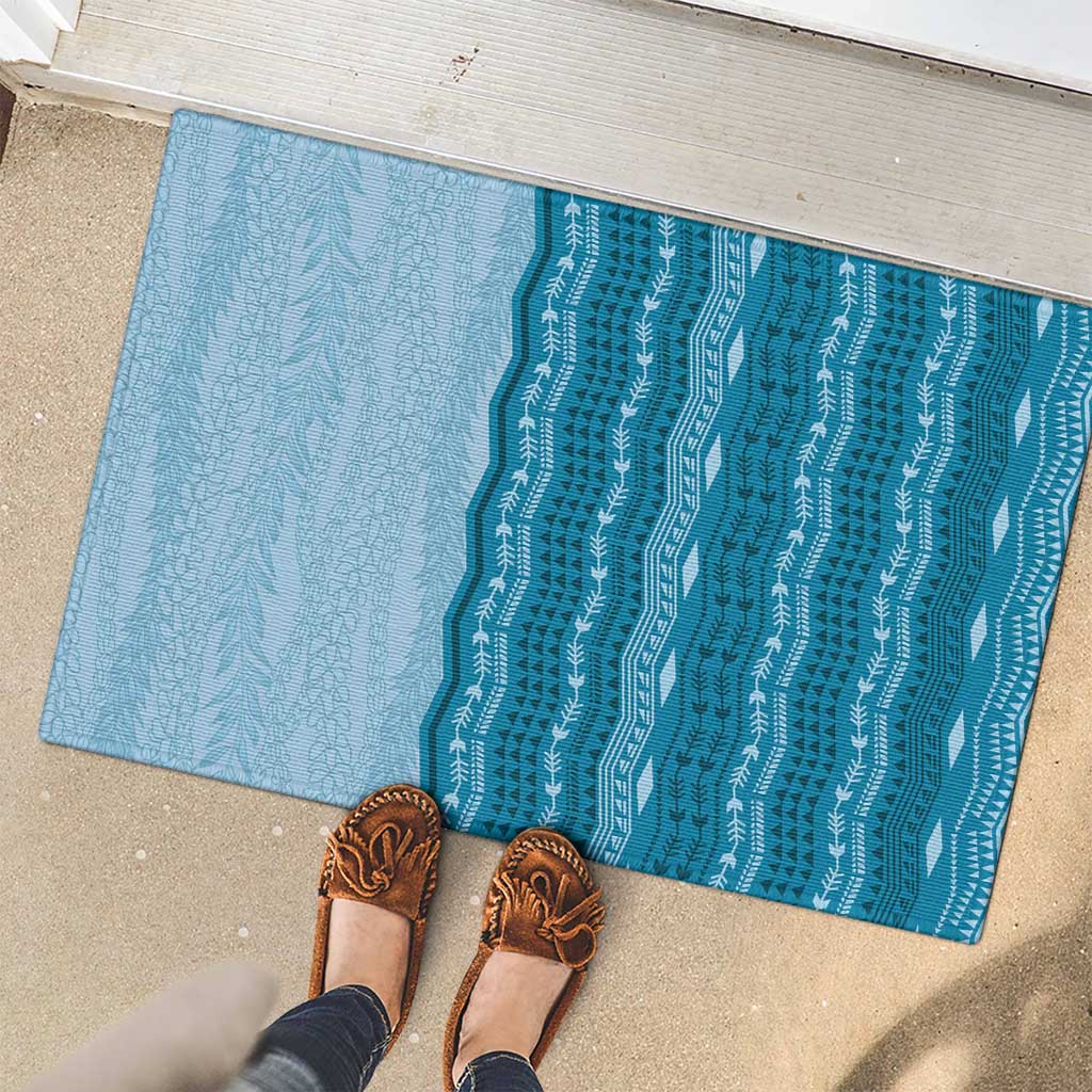 Vintage Cobalt Blue Hawaiian Traditional Kapa Mix Flowers Lei Rubber Doormat LT7 - Polynesian Pride