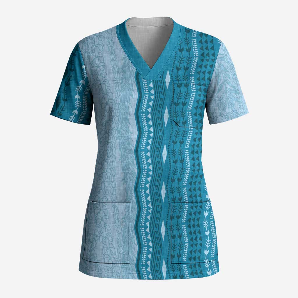 Vintage Cobalt Blue Hawaiian Traditional Kapa Mix Flowers Lei Scrub Top LT7 Adult Cobalt Blue - Polynesian Pride