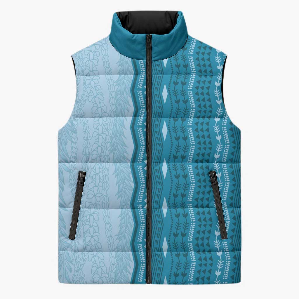 Vintage Cobalt Blue Hawaiian Traditional Kapa Mix Flowers Lei Sleeveless Puffer Jacket LT7 Unisex Cobalt Blue - Polynesian Pride