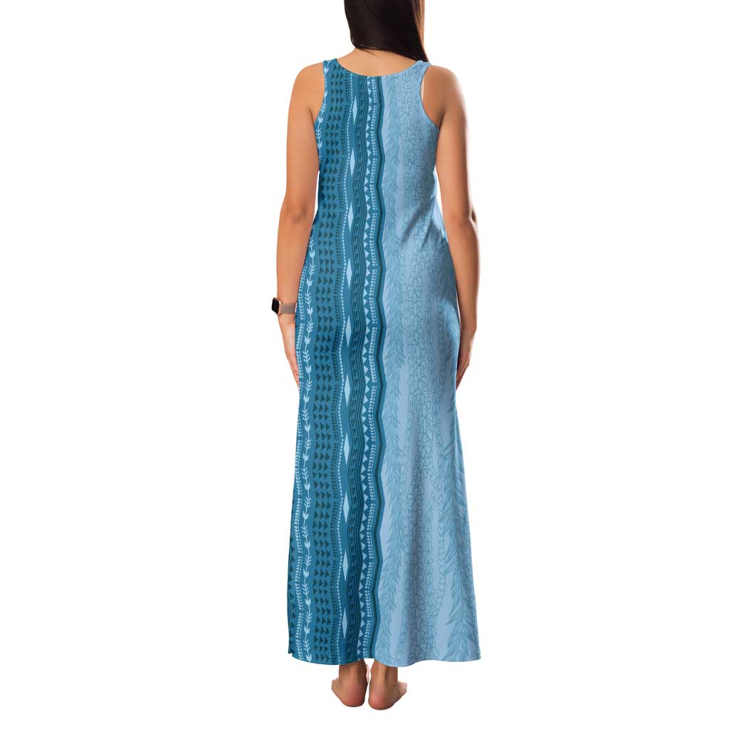 Vintage Cobalt Blue Hawaiian Traditional Kapa Mix Flowers Lei Tank Maxi Dress