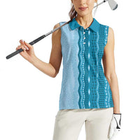 Vintage Cobalt Blue Hawaiian Traditional Kapa Mix Flowers Lei Women Sleeveless Polo Shirt