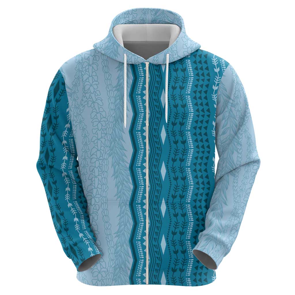 Vintage Cobalt Blue Hawaiian Traditional Kapa Mix Flowers Lei Zip Hoodie LT7 - Polynesian Pride