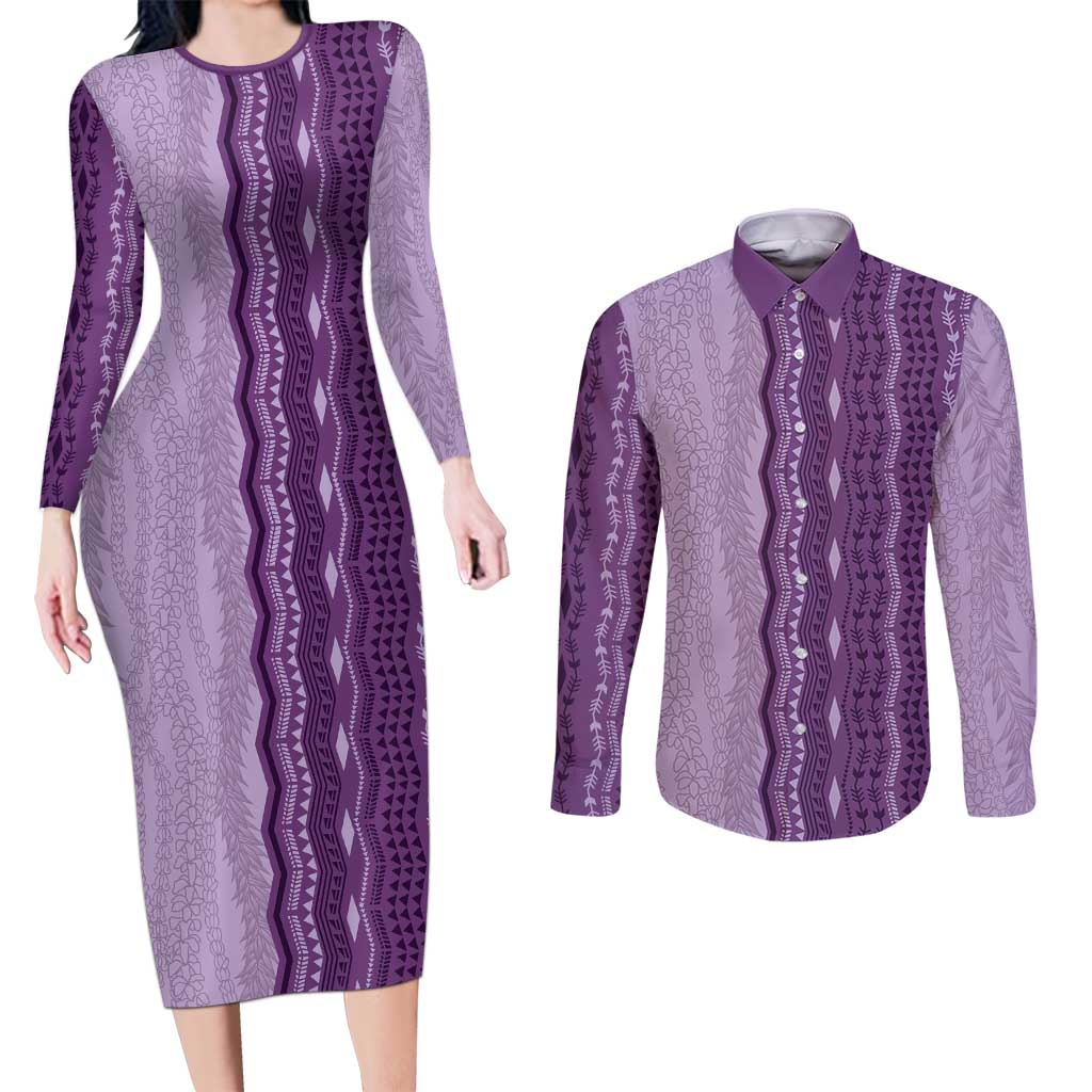 Vintage Violet Hawaiian Traditional Kapa Mix Flowers Lei Couples Matching Long Sleeve Bodycon Dress and Long Sleeve Button Shirt LT7 Violet - Polynesian Pride