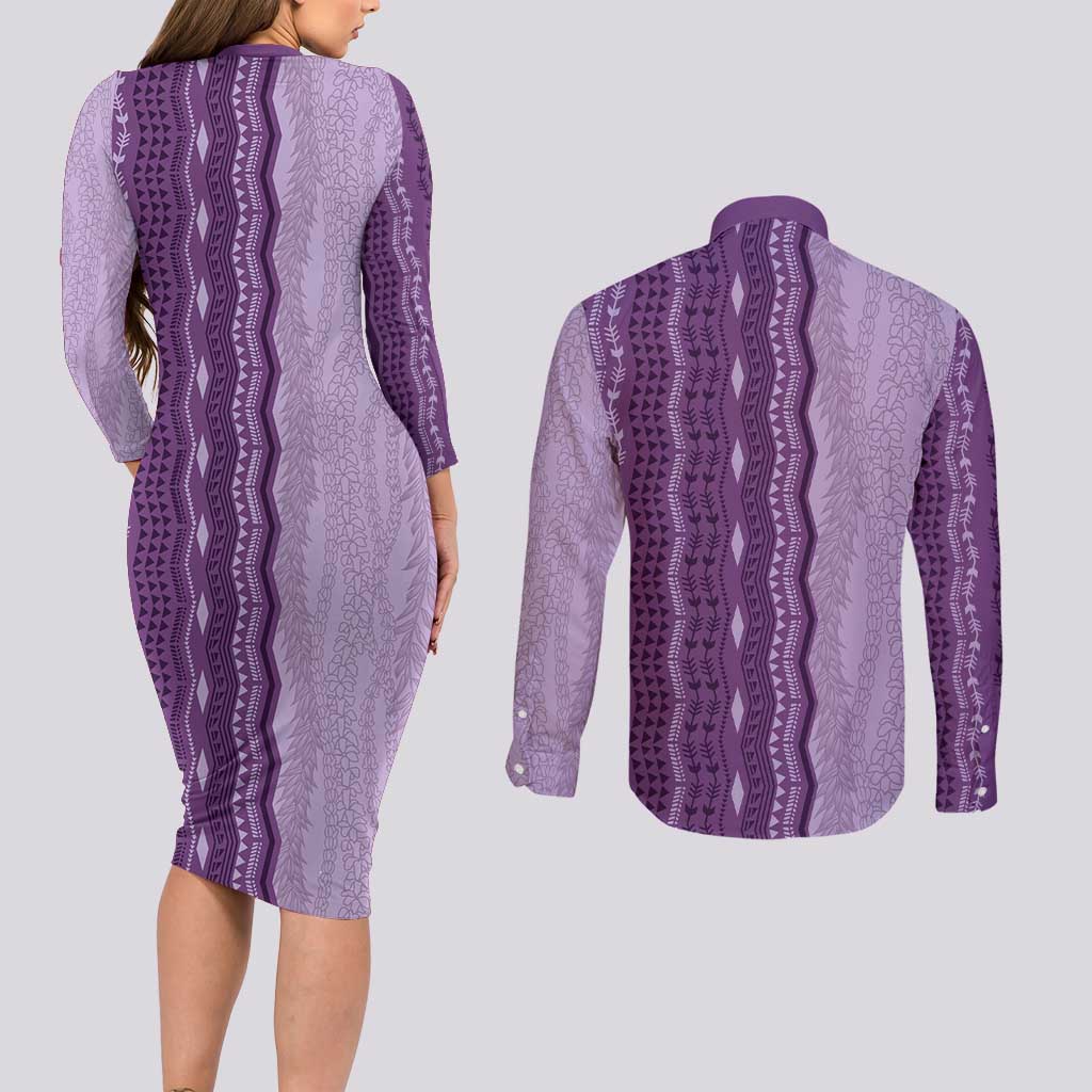 Vintage Violet Hawaiian Traditional Kapa Mix Flowers Lei Couples Matching Long Sleeve Bodycon Dress and Long Sleeve Button Shirt