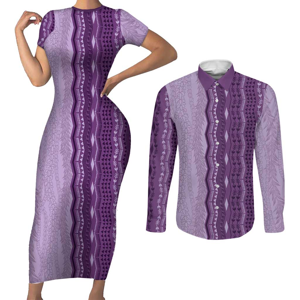 Vintage Violet Hawaiian Traditional Kapa Mix Flowers Lei Couples Matching Short Sleeve Bodycon Dress and Long Sleeve Button Shirt
