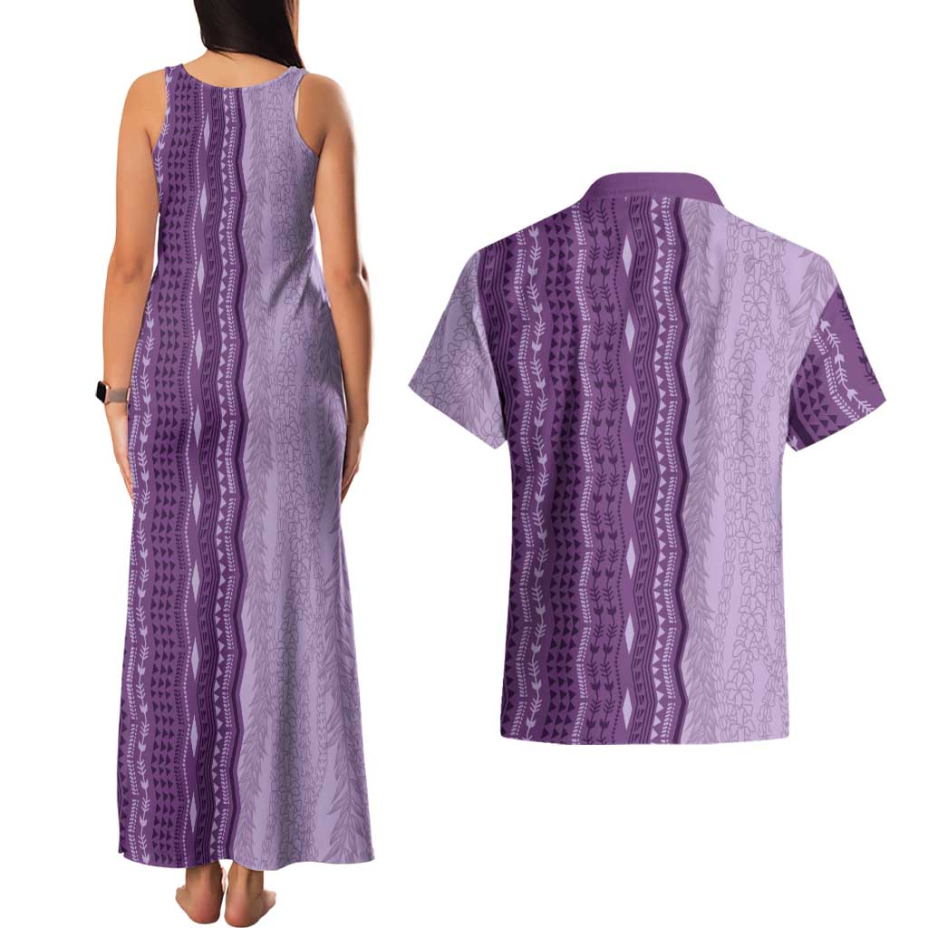 Vintage Violet Hawaiian Traditional Kapa Mix Flowers Lei Couples Matching Tank Maxi Dress and Hawaiian Shirt