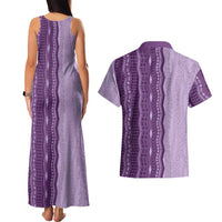 Vintage Violet Hawaiian Traditional Kapa Mix Flowers Lei Couples Matching Tank Maxi Dress and Hawaiian Shirt