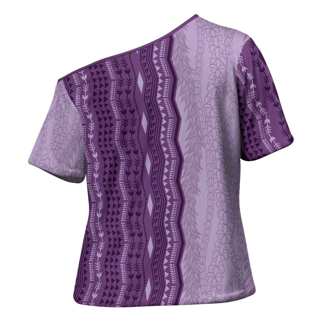 Vintage Violet Hawaiian Traditional Kapa Mix Flowers Lei Cross Shoulder Shirt LT7 - Polynesian Pride