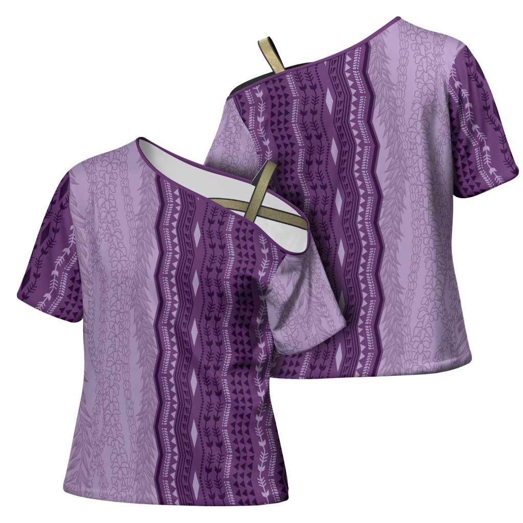 Vintage Violet Hawaiian Traditional Kapa Mix Flowers Lei Cross Shoulder Shirt LT7 - Polynesian Pride