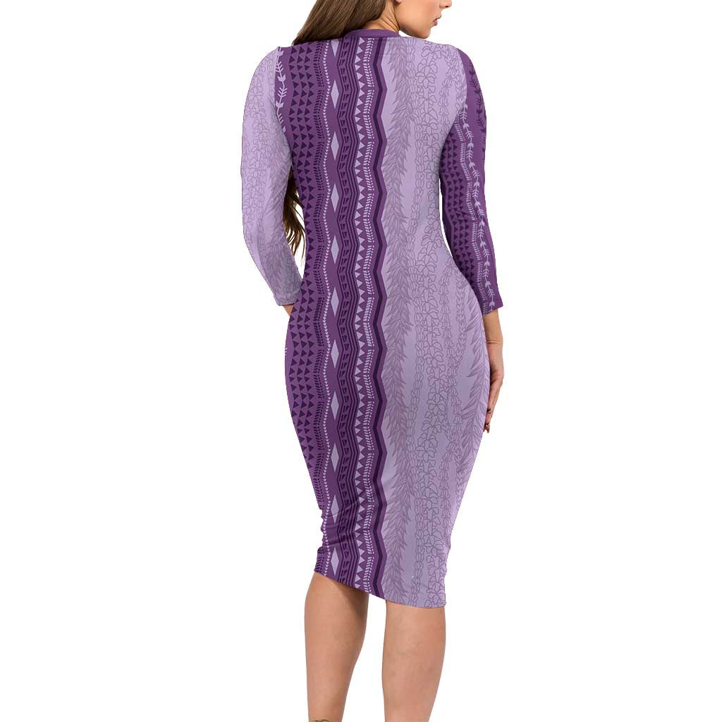 Vintage Violet Hawaiian Traditional Kapa Mix Flowers Lei Family Matching Long Sleeve Bodycon Dress and Hawaiian Shirt