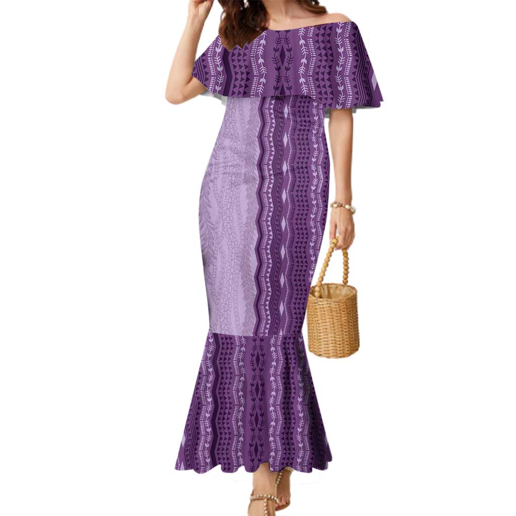 Vintage Violet Hawaiian Traditional Kapa Mix Flowers Lei Family Matching Mermaid Dress and Hawaiian Shirt