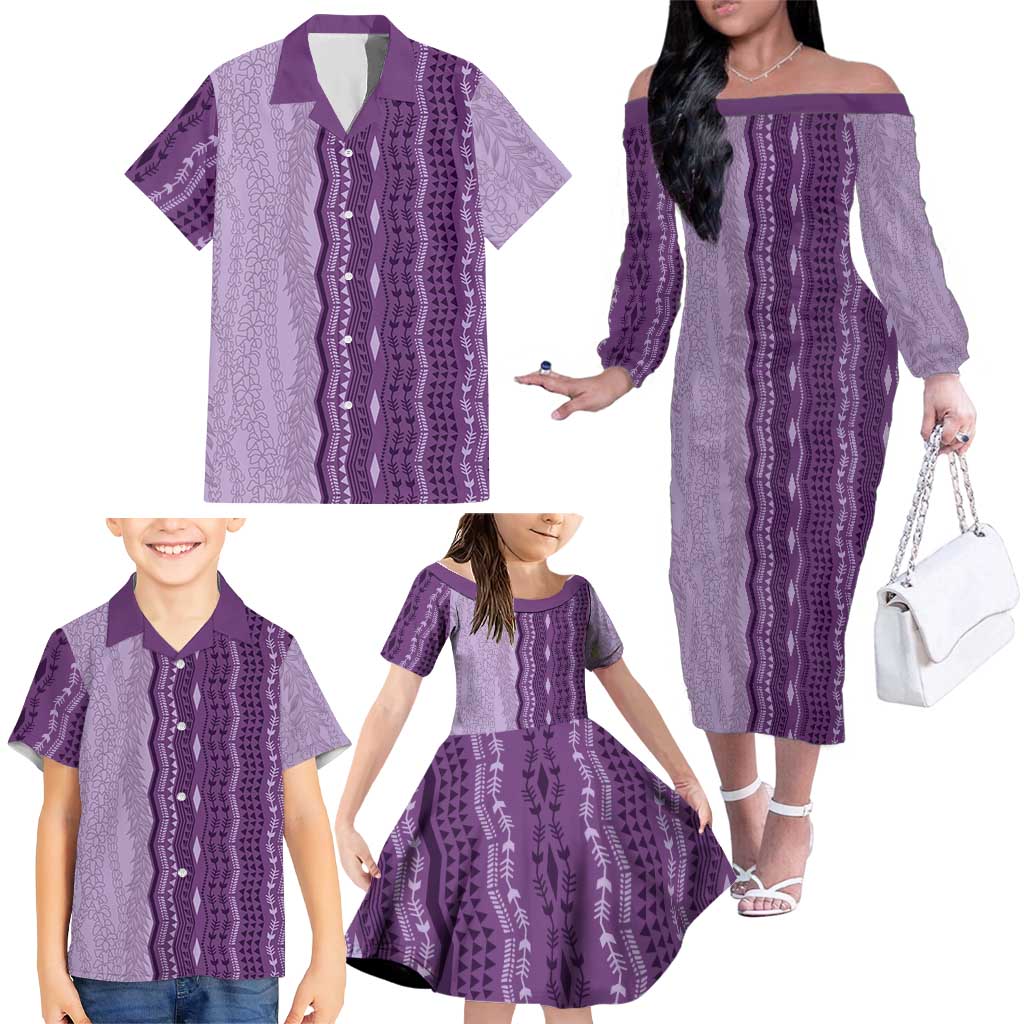 Vintage Violet Hawaiian Traditional Kapa Mix Flowers Lei Family Matching Off The Shoulder Long Sleeve Dress and Hawaiian Shirt LT7 - Polynesian Pride