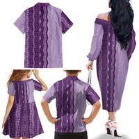 Vintage Violet Hawaiian Traditional Kapa Mix Flowers Lei Family Matching Off The Shoulder Long Sleeve Dress and Hawaiian Shirt
