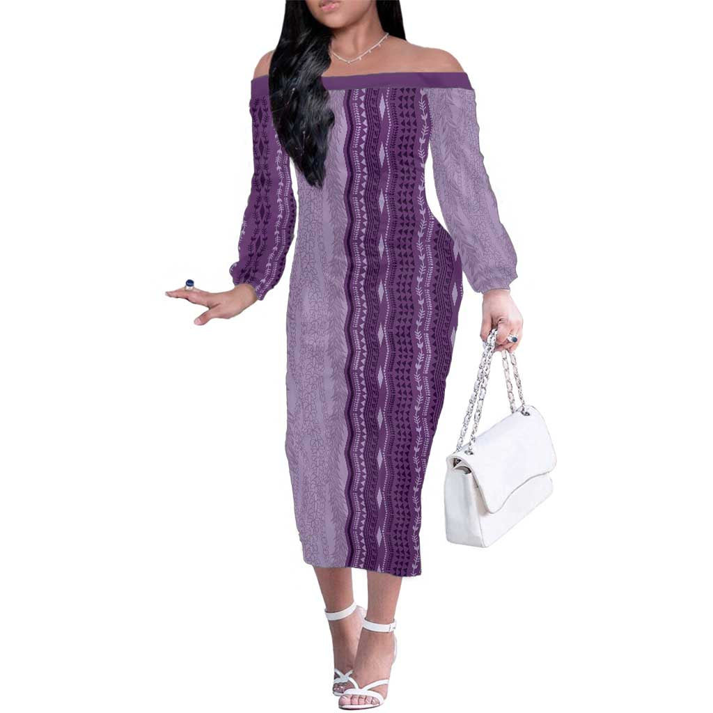 Vintage Violet Hawaiian Traditional Kapa Mix Flowers Lei Family Matching Off The Shoulder Long Sleeve Dress and Hawaiian Shirt
