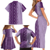 Vintage Violet Hawaiian Traditional Kapa Mix Flowers Lei Family Matching Short Sleeve Bodycon Dress and Hawaiian Shirt