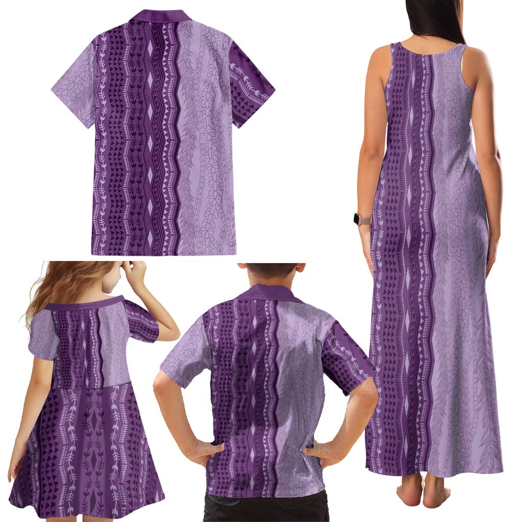 Vintage Violet Hawaiian Traditional Kapa Mix Flowers Lei Family Matching Tank Maxi Dress and Hawaiian Shirt