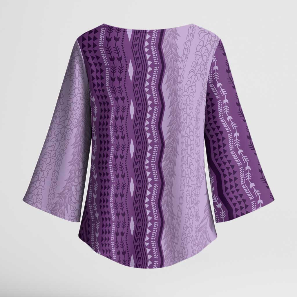Vintage Violet Hawaiian Traditional Kapa Mix Flowers Lei Kimono Sleeve Blouse LT7 - Polynesian Pride