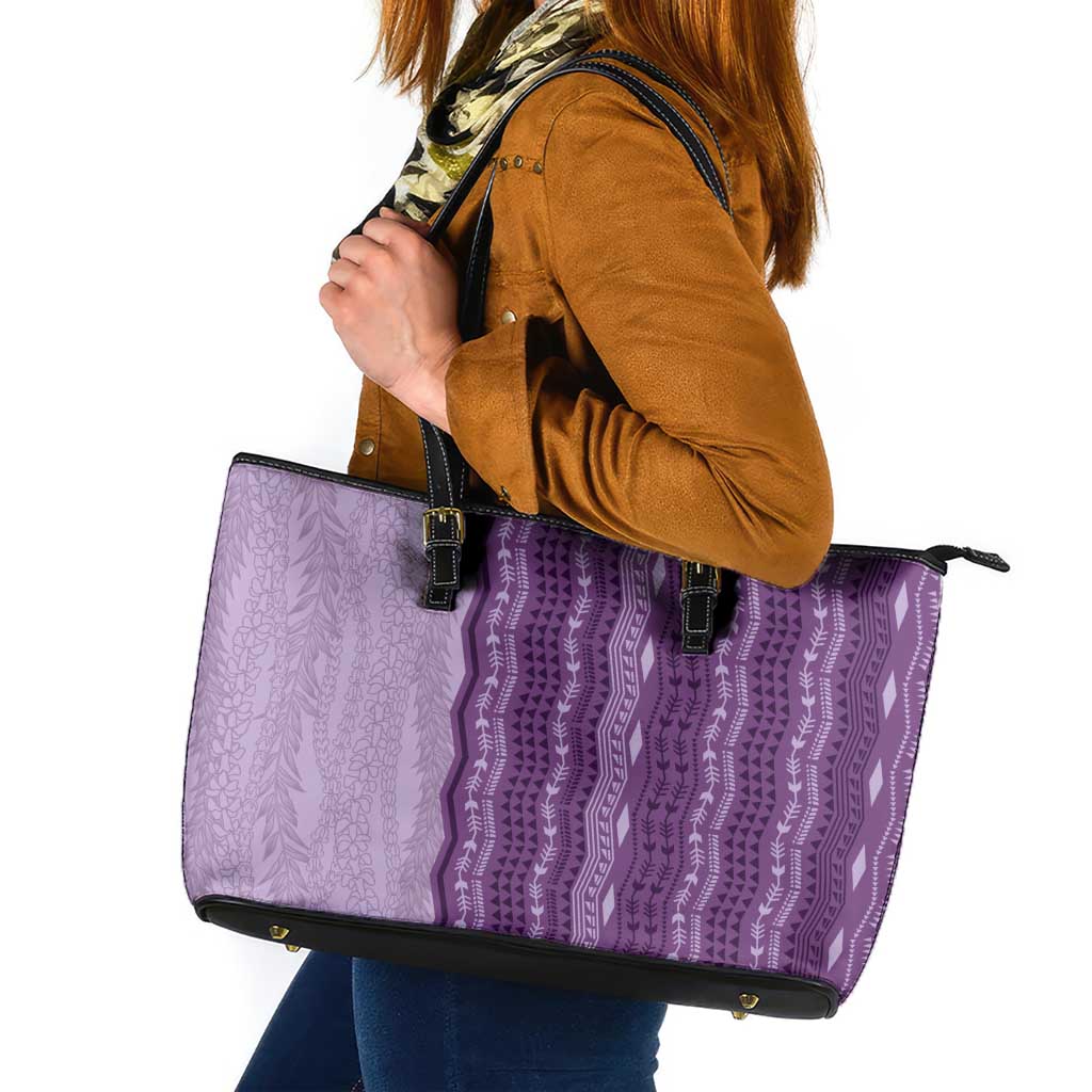 Vintage Violet Hawaiian Traditional Kapa Mix Flowers Lei Leather Tote Bag LT7 Violet - Polynesian Pride