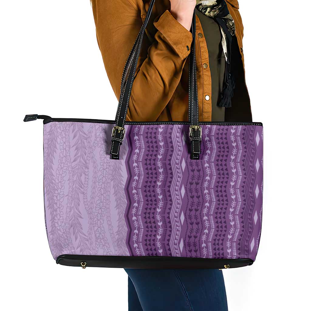 Vintage Violet Hawaiian Traditional Kapa Mix Flowers Lei Leather Tote Bag LT7 - Polynesian Pride