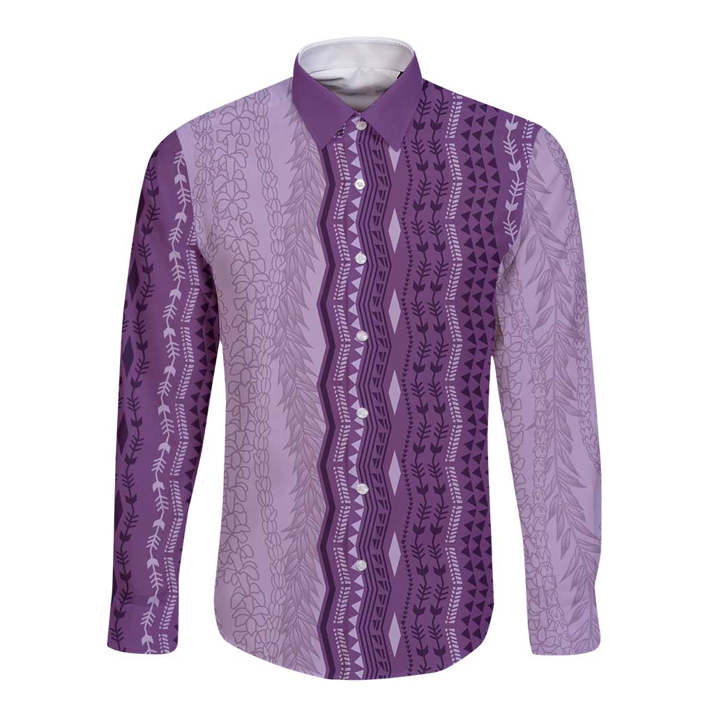 Vintage Violet Hawaiian Traditional Kapa Mix Flowers Lei Long Sleeve Button Shirt LT7 Unisex Violet - Polynesian Pride
