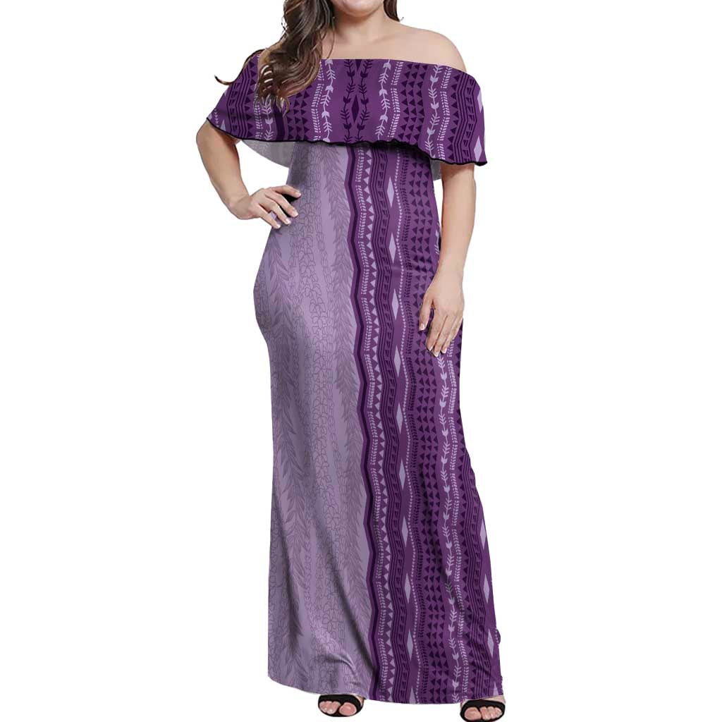 Vintage Violet Hawaiian Traditional Kapa Mix Flowers Lei Off Shoulder Maxi Dress LT7 Women Violet - Polynesian Pride