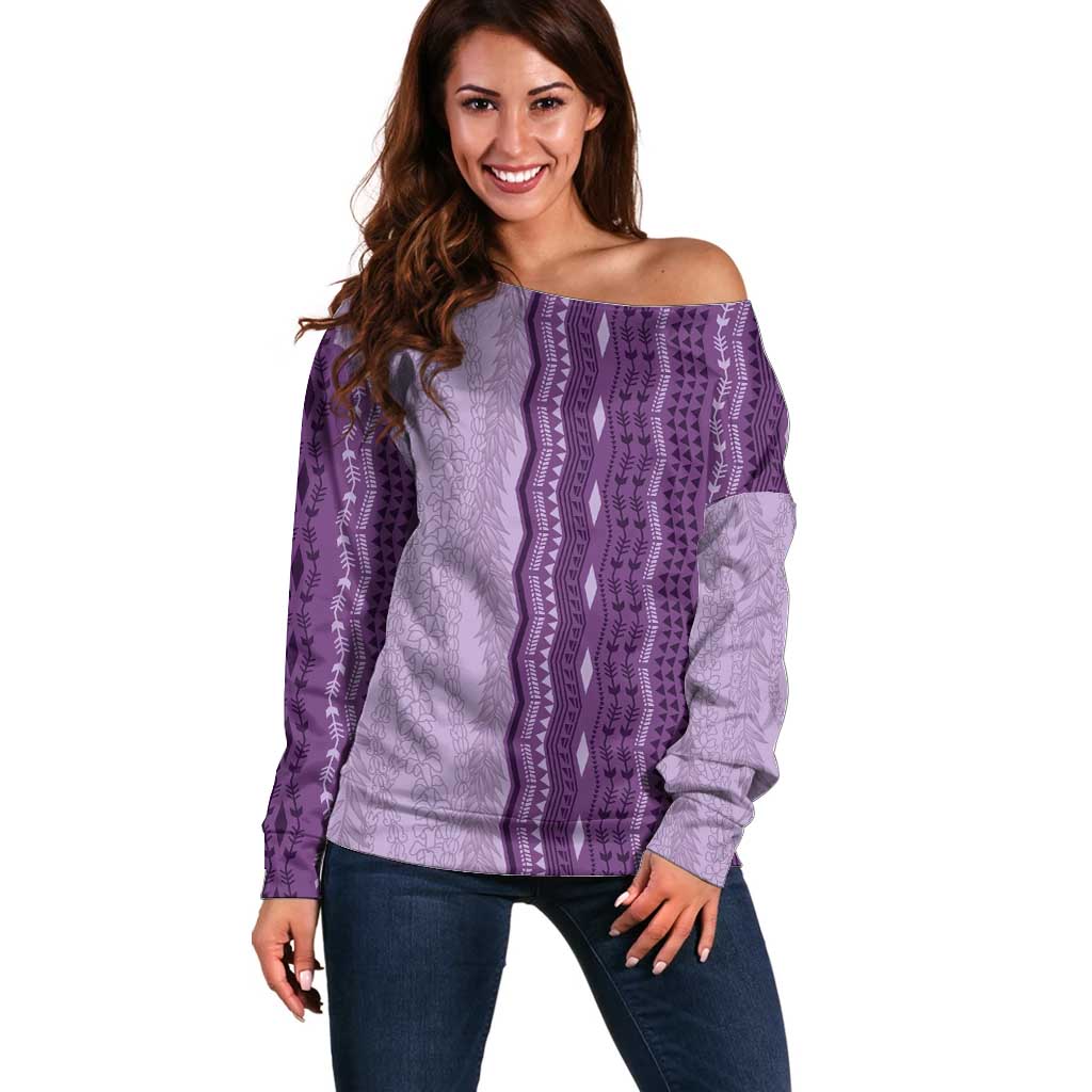 Vintage Violet Hawaiian Traditional Kapa Mix Flowers Lei Off Shoulder Sweater LT7 Women Violet - Polynesian Pride