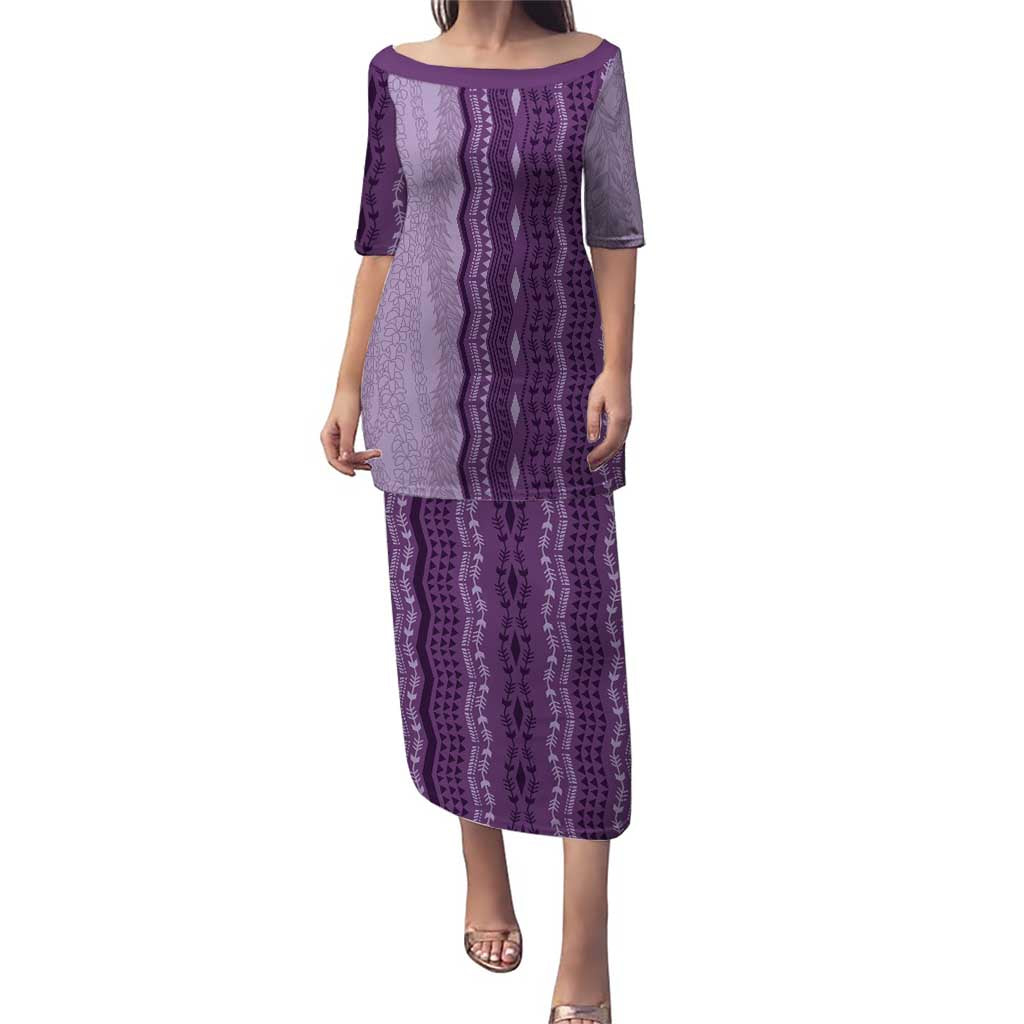 Vintage Violet Hawaiian Traditional Kapa Mix Flowers Lei Puletasi LT7 Long Dress Violet - Polynesian Pride