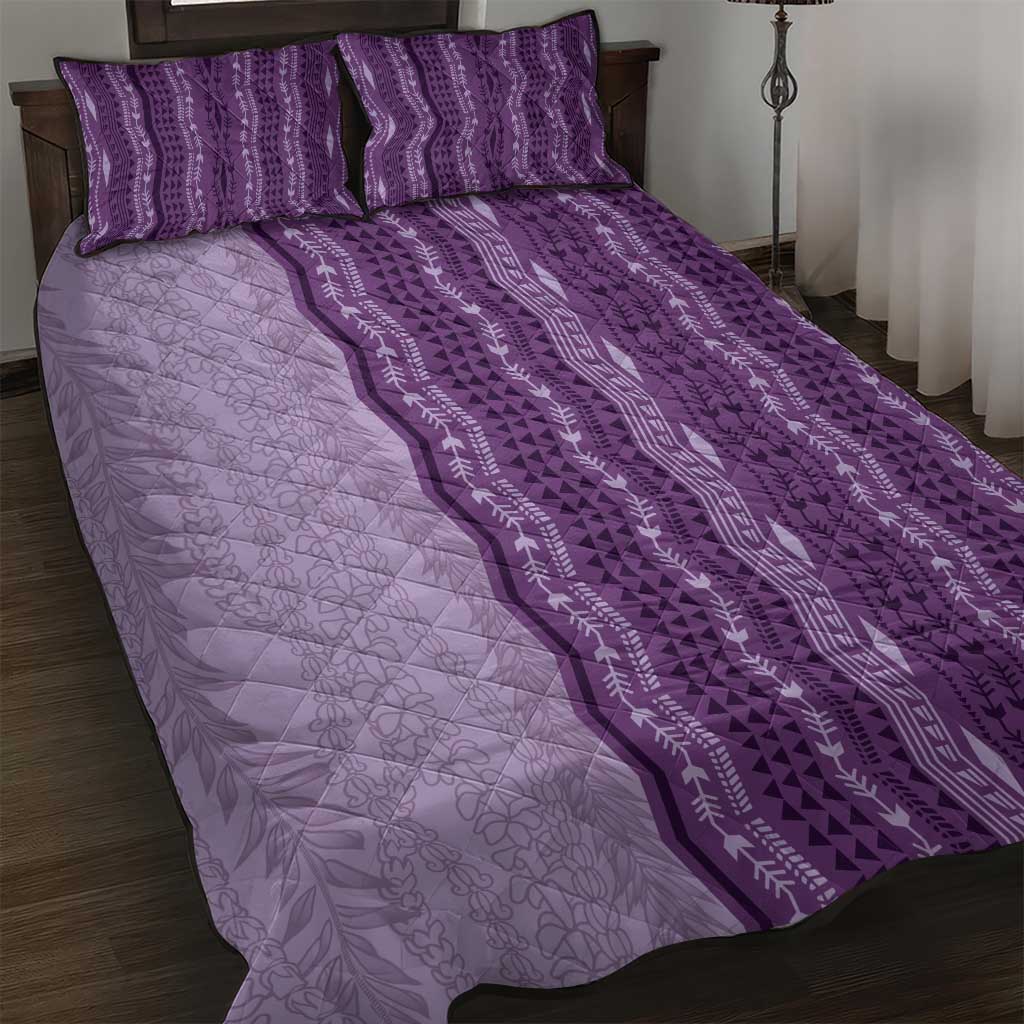 Vintage Violet Hawaiian Traditional Kapa Mix Flowers Lei Quilt Bed Set LT7 Violet - Polynesian Pride