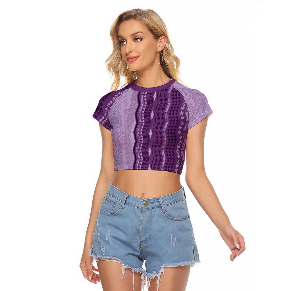 Vintage Violet Hawaiian Traditional Kapa Mix Flowers Lei Raglan Cropped T Shirt LT7 Female Violet - Polynesian Pride