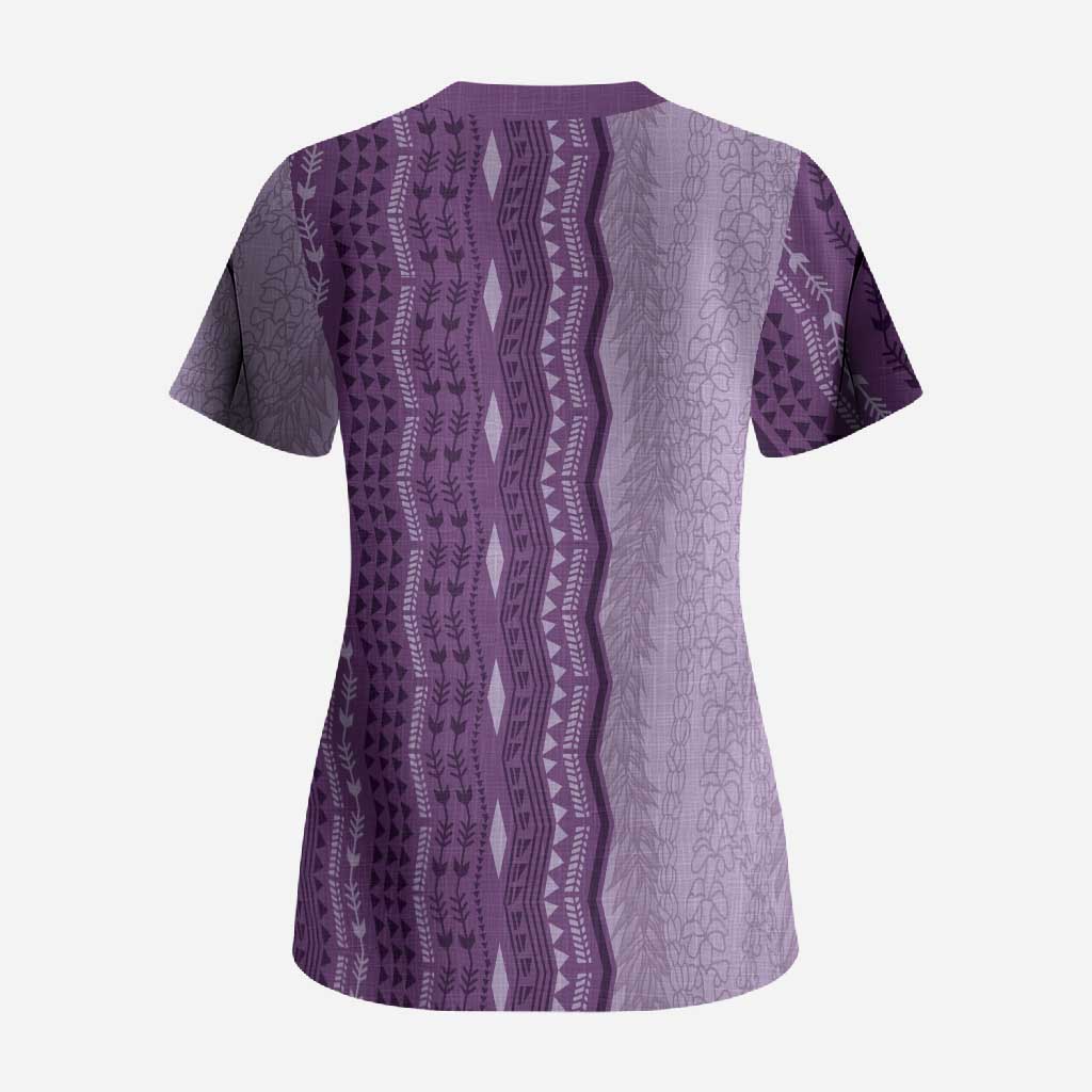 Vintage Violet Hawaiian Traditional Kapa Mix Flowers Lei Scrub Top LT7 - Polynesian Pride