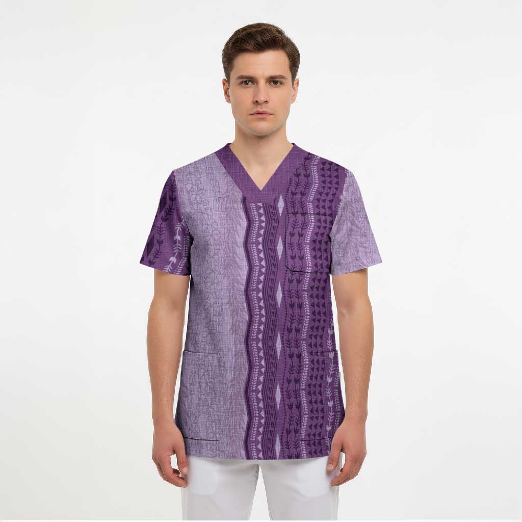 Vintage Violet Hawaiian Traditional Kapa Mix Flowers Lei Scrub Top LT7 - Polynesian Pride