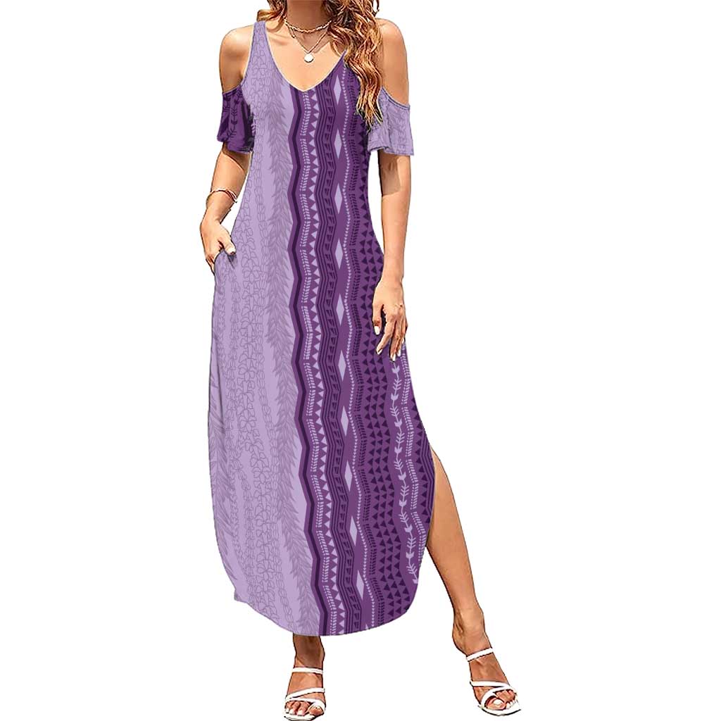 Vintage Violet Hawaiian Traditional Kapa Mix Flowers Lei Summer Maxi Dress LT7 Women Violet - Polynesian Pride