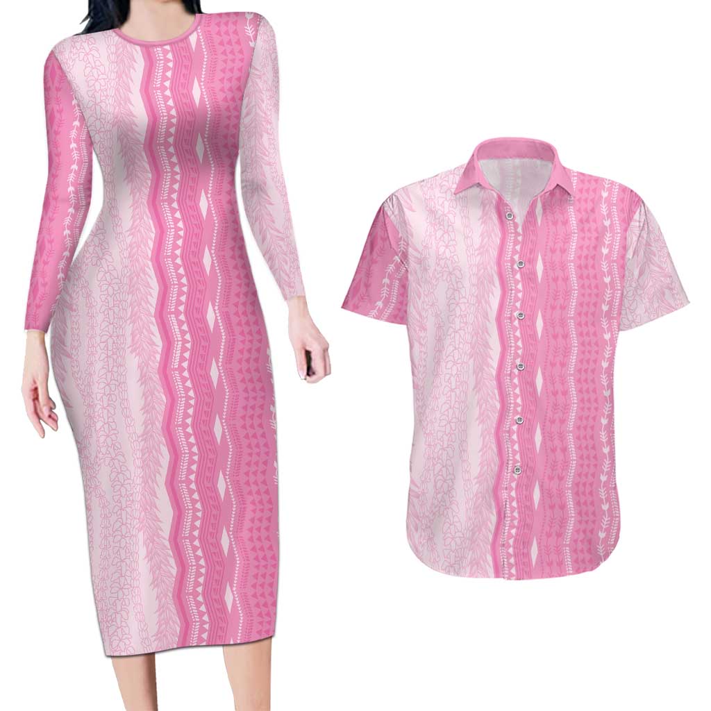 Vintage Pink Hawaiian Traditional Kapa Mix Flowers Lei Couples Matching Long Sleeve Bodycon Dress and Hawaiian Shirt LT7 Pink - Polynesian Pride