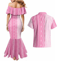 Vintage Pink Hawaiian Traditional Kapa Mix Flowers Lei Couples Matching Mermaid Dress and Hawaiian Shirt