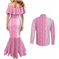 Vintage Pink Hawaiian Traditional Kapa Mix Flowers Lei Couples Matching Mermaid Dress and Long Sleeve Button Shirt