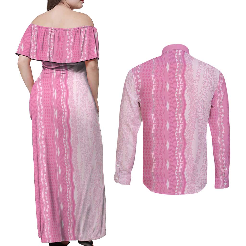 Vintage Pink Hawaiian Traditional Kapa Mix Flowers Lei Couples Matching Off Shoulder Maxi Dress and Long Sleeve Button Shirt