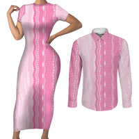 Vintage Pink Hawaiian Traditional Kapa Mix Flowers Lei Couples Matching Short Sleeve Bodycon Dress and Long Sleeve Button Shirt