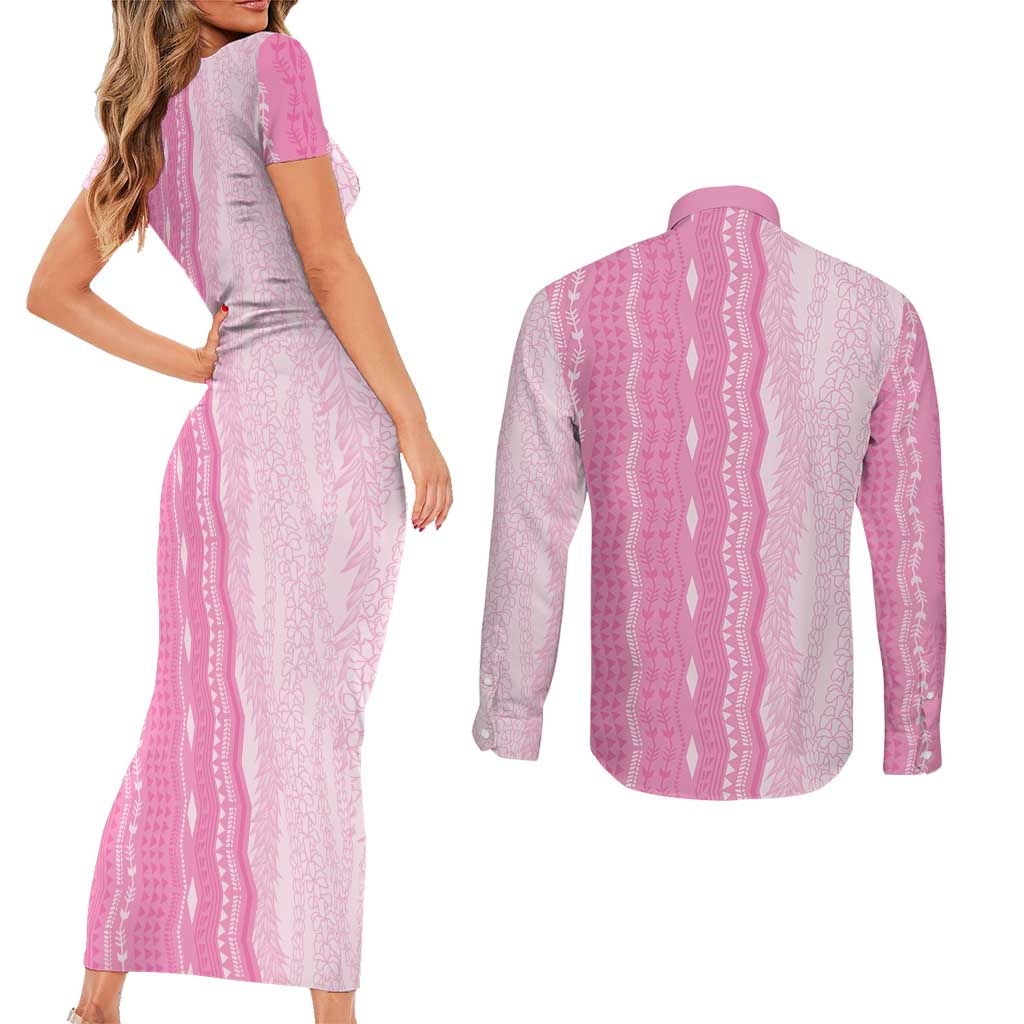 Vintage Pink Hawaiian Traditional Kapa Mix Flowers Lei Couples Matching Short Sleeve Bodycon Dress and Long Sleeve Button Shirt