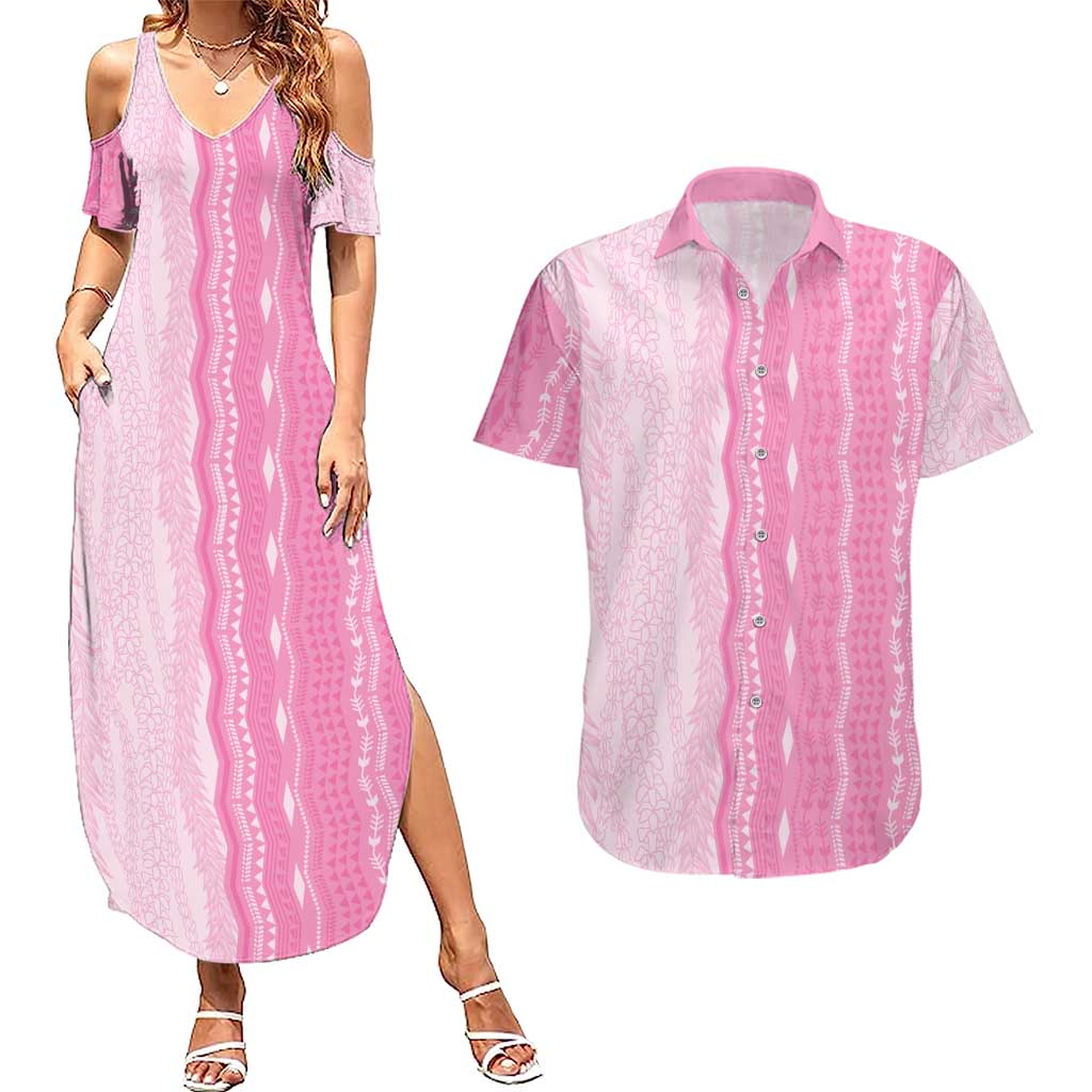 Vintage Pink Hawaiian Traditional Kapa Mix Flowers Lei Couples Matching Summer Maxi Dress and Hawaiian Shirt