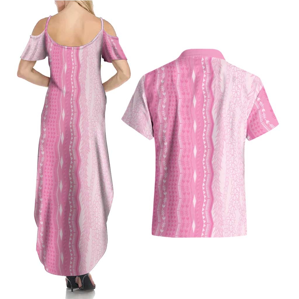 Vintage Pink Hawaiian Traditional Kapa Mix Flowers Lei Couples Matching Summer Maxi Dress and Hawaiian Shirt