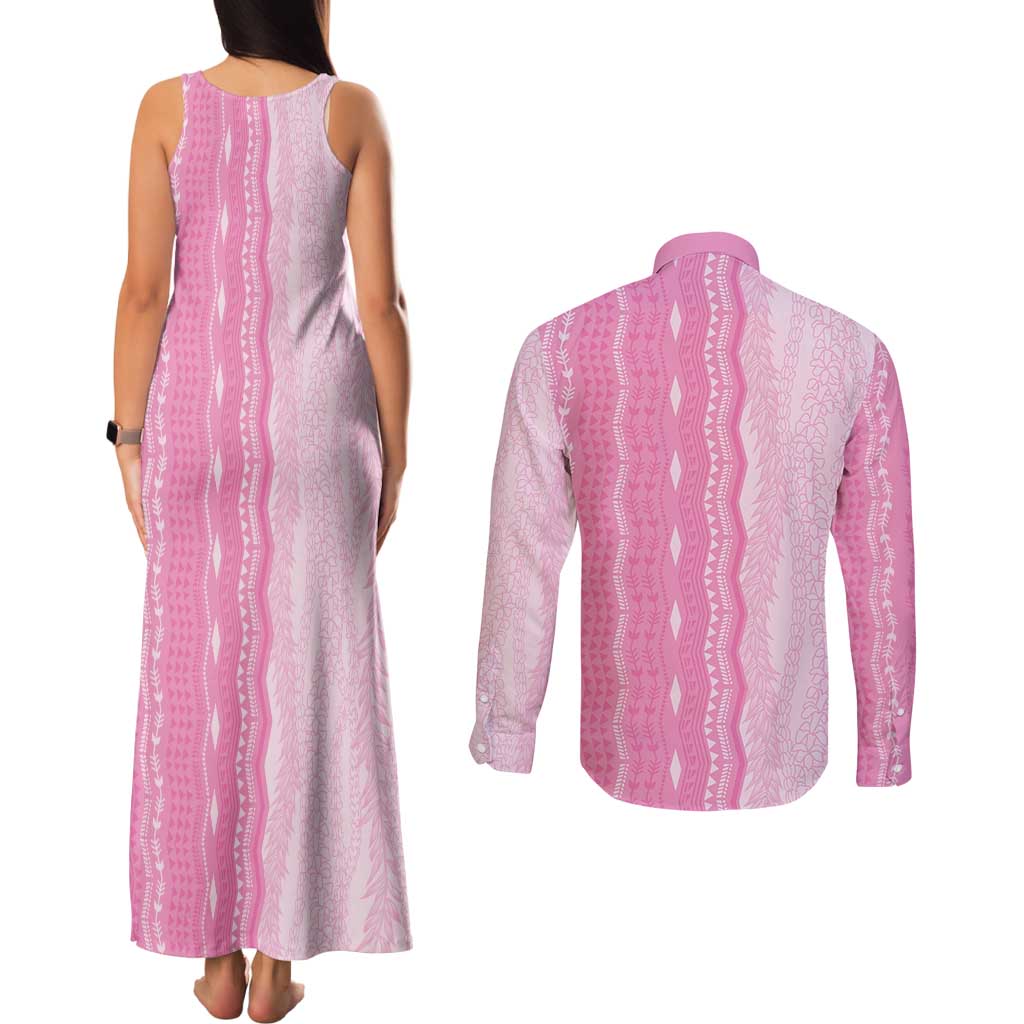 Vintage Pink Hawaiian Traditional Kapa Mix Flowers Lei Couples Matching Tank Maxi Dress and Long Sleeve Button Shirt