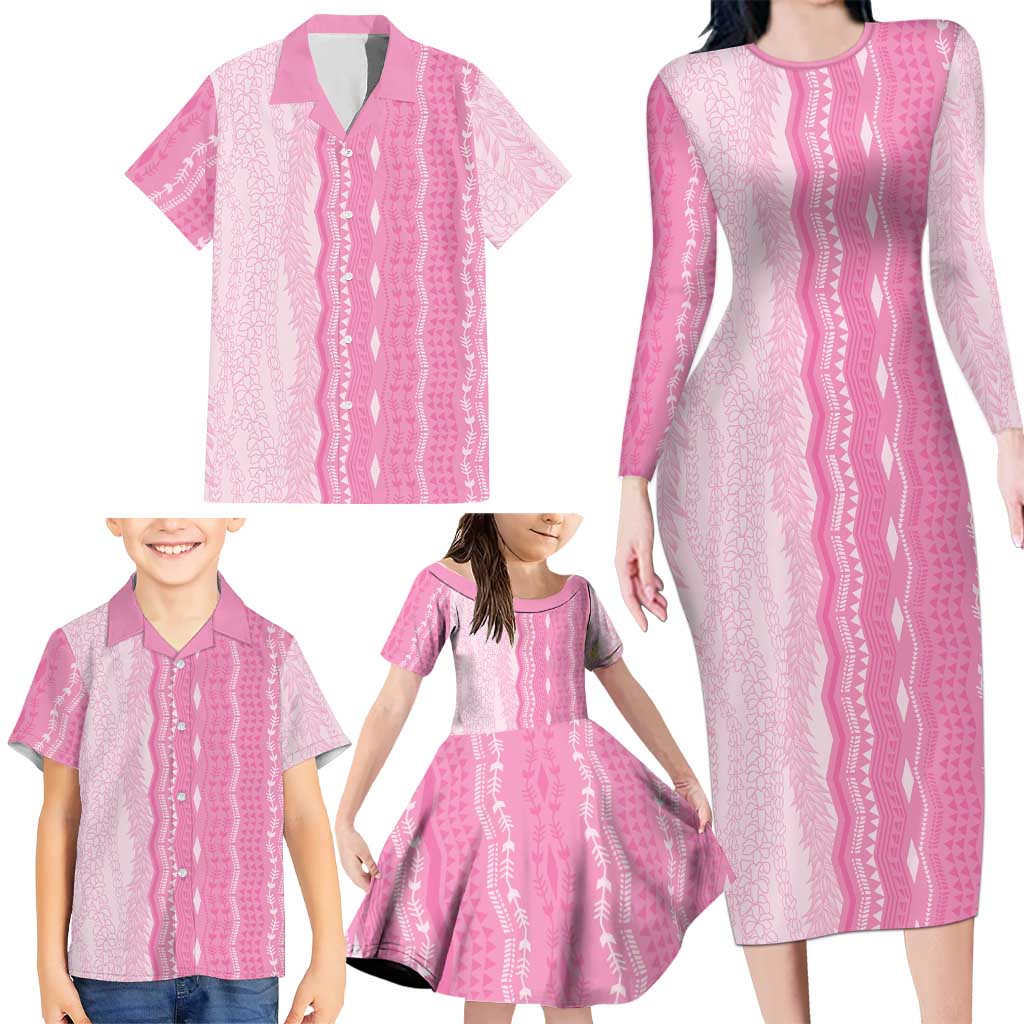 Vintage Pink Hawaiian Traditional Kapa Mix Flowers Lei Family Matching Long Sleeve Bodycon Dress and Hawaiian Shirt