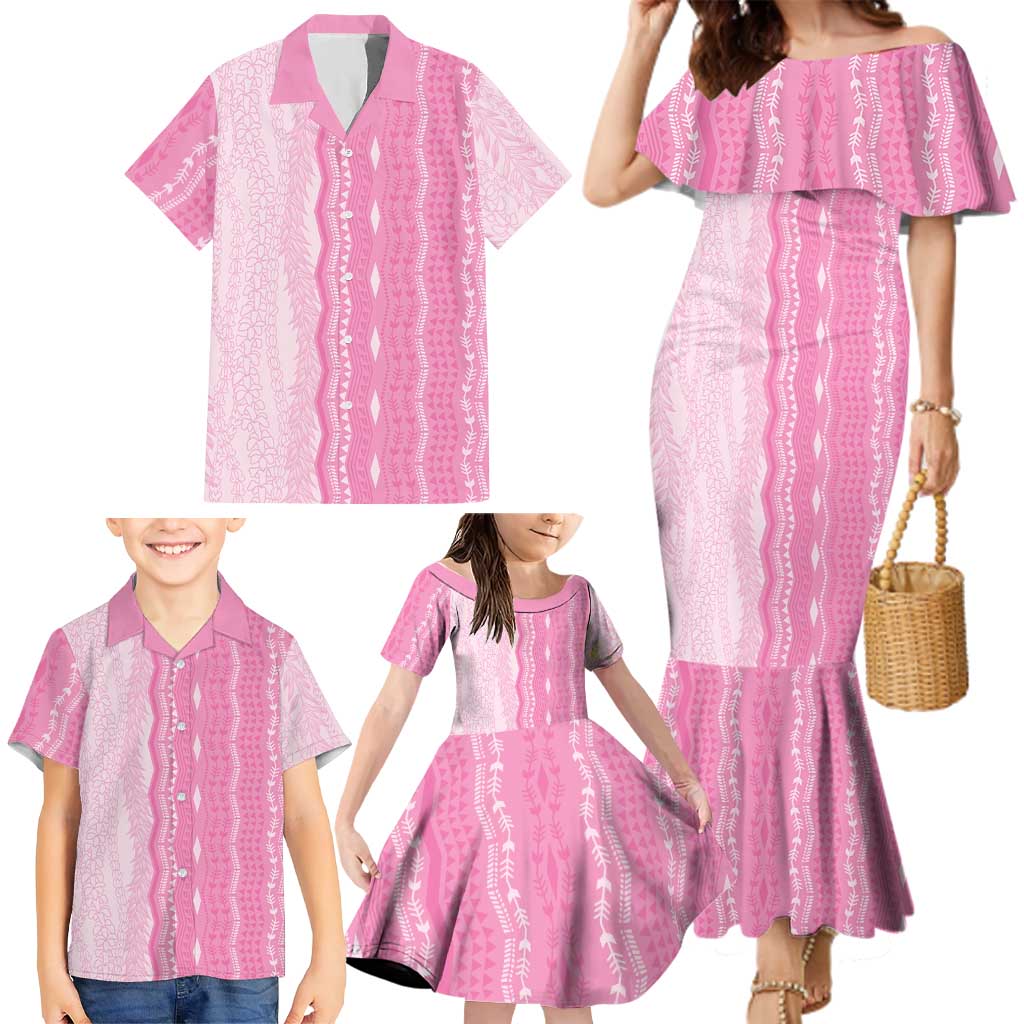 Vintage Pink Hawaiian Traditional Kapa Mix Flowers Lei Family Matching Mermaid Dress and Hawaiian Shirt LT7 - Polynesian Pride