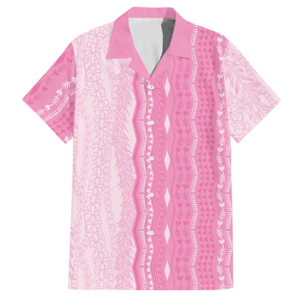 Vintage Pink Hawaiian Traditional Kapa Mix Flowers Lei Family Matching Off The Shoulder Long Sleeve Dress and Hawaiian Shirt