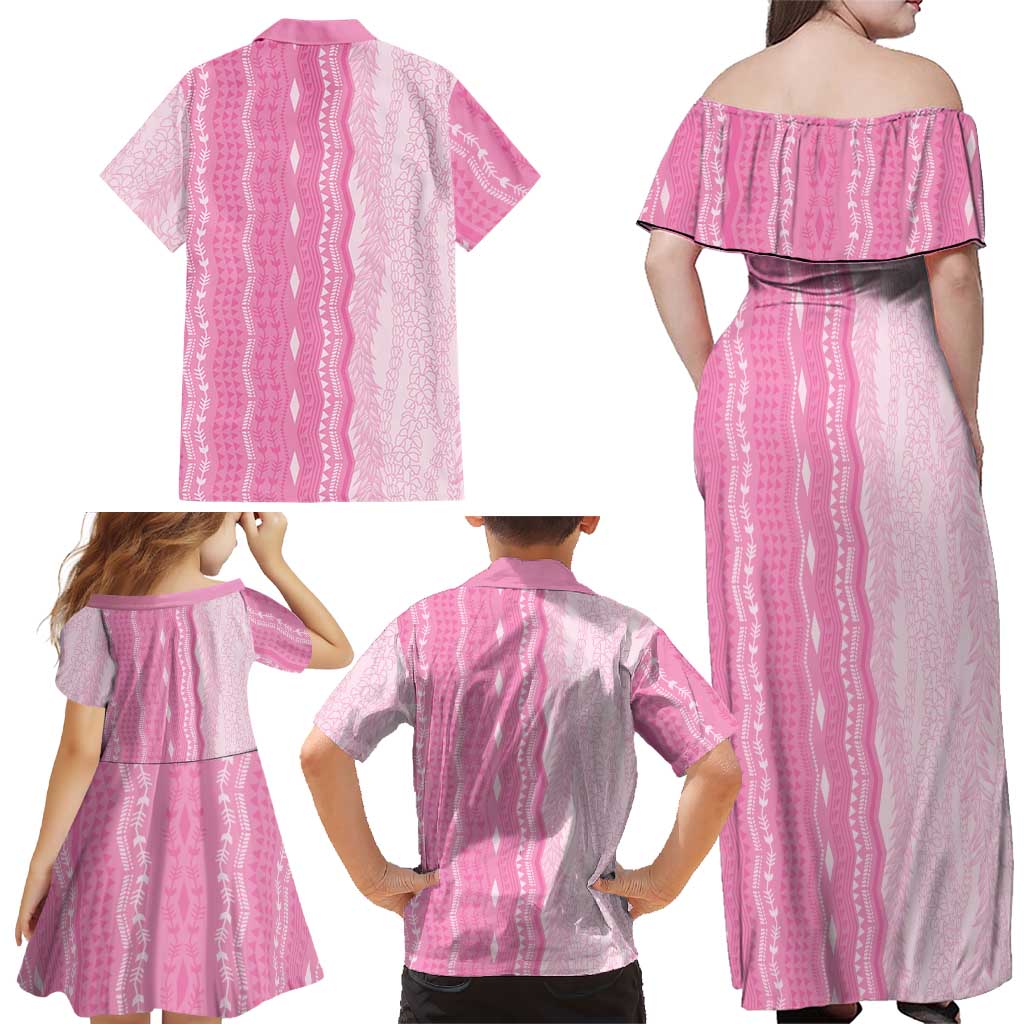 Vintage Pink Hawaiian Traditional Kapa Mix Flowers Lei Family Matching Off Shoulder Maxi Dress and Hawaiian Shirt