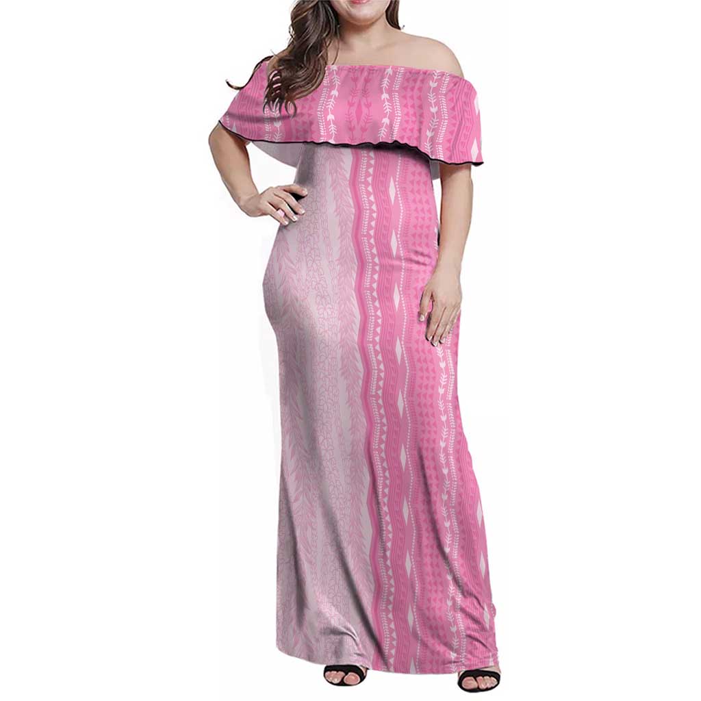 Vintage Pink Hawaiian Traditional Kapa Mix Flowers Lei Family Matching Off Shoulder Maxi Dress and Hawaiian Shirt